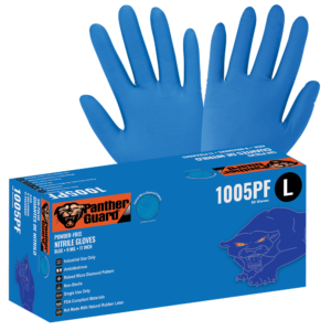 Panther-Guard ® Nitrilo pesado, sin polvo, de grado industrial, Patrón de micro-diamante elevado, Azul, 9-Mil, Guantes desechables de 11 pulgadas - 1005PF
