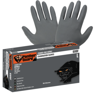 Panther-Guard® Nitrilo pesado, Sin polvo, Grado de examen, Gris acero, 6-Mil, Bandada Forrada, Yemas de Los Dedos Texturizadas, Guantes desechables de 9.5 pulgadas - 600F