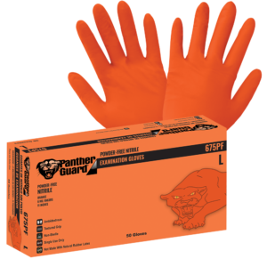 Panther-Guard® Nitrilo pesado, Sin polvo, Grado de examen, Naranja de alta visibilidad, 6-Mil, Yemas de los Dedos Texturizadas, Interior recubierto de Aloe, Guantes desechables de 11 pulgadas - 675PF
