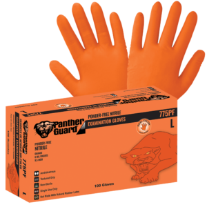 Panther-Guard® Nitrilo pesado, sin polvo, Grado de examen, Naranja de alta visibilidad, 6-Mil, Yemas de los Dedos Texturizados, Interior recubierto de Aloe, Guantes desechables de 9,5 pulgadas - 775PF