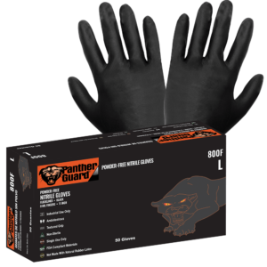 Panther-Guard® Nitrilo pesado, sin polvo, de grado industrial, negro, 8-mil, bandada forrada, yemas de los dedos texturizadas, guantes desechables de 11 pulgadas - 800F