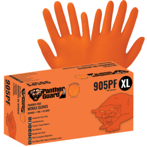 Panther-Guard® Nitrilo pesado, sin polvo, de grado industrial, naranja de alta visibilidad, 7-mil, patrón de banda de rodadura tractor, guantes desechables de 9,5 pulgadas - 905PF