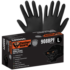 Panther-Guard® Nitrilo pesado, sin polvo, de grado industrial, Patrón de micro-diamante elevado, Negro, 6-Mil, Guantes desechables de 9.5 pulgadas - 908BPF