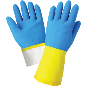 Guantes sin soporte de látex de caucho amarillo de 26 mil con forro flocado y revestimiento de neopreno azul - 244