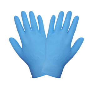 Guante de nitrilo desechable de 5 mils color azul con textura en puntas de los dedos. 9.5” de largo. 705PF