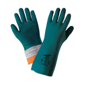 Guante resistente al corte nivel 4. Recubrimiento de nitrilo laminado color cyan obscuro, 14” de largo, acabado Mach. CR492