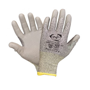 Fibra HDPE (polietileno de alta densidad) gris cal. 13. Resistente al corte Nivel 3. Recubrimiento de poliuretano gris en palma y dedos, sin costuras. PUG-111s
