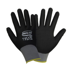 Guante de nylon gris con recubrimiento de nitrilo espumoso negro en palma y dorso 100%. SF-1400