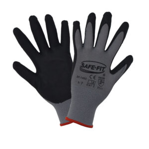 Guante de nylon gris recubierto de nitrilo espumoso negro en palma y dedos. SF-1402