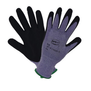 Guante de poliéster y spandex color morado cal 13 con recubrimiento de nitrilo y PU color negro acabado Extreme Foam Technology en palma y dedos. SF-1702XFT
